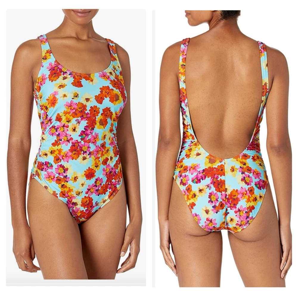 Kenneth Cole Reaction In the Garden One Piece Swimsuit Side Ruched Scoop Back
